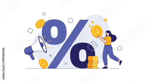 Financial promotion concept with a woman holding a large gold coin next to a giant percent symbol and a megaphone for announcements.