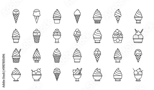 Ice cream cone outline icon set vector with scoop cup soft serve dessert editable stroke linear collection