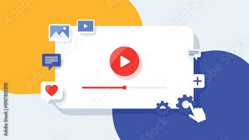 Creative illustration of a video player interface with various social media engagement icons on a vibrant background.