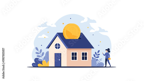 Financial concept showing a woman standing next to a house shaped piggy bank with a giant gold bitcoin being inserted.