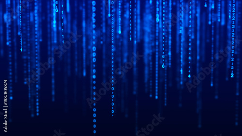 Obraz na płótnie Abstract blue digital matrix rain of glowing numbers and binary code representin