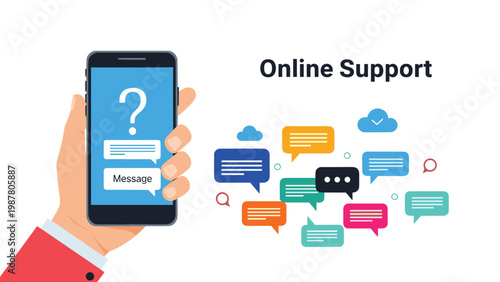 Person holding a smartphone with several colorful speech bubbles and a question mark icon for online customer help.