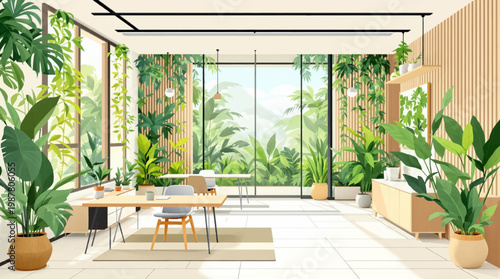 A bright and airy office with vibrant green plants filling the space. Spacious office with lush greenery, creating a natural atmosphere. Modern office with indoor plants and natural light for a fresh 