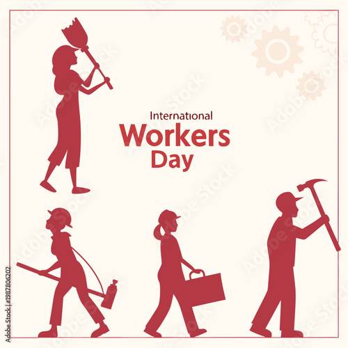 Workers Day Minimal Line Art Vector Illustration with Labor Silhouettes and Gears