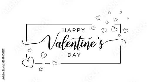Elegant and minimalist Valentine's Day greeting card featuring black script typography and small floating hearts.