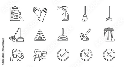Black silhouette icons depicting various cleaning tools and household supplies
