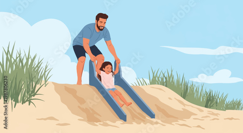 Flat vector illustration of a bearded father assisting his little daughter on a blue slide atop a sand dune at the beach, featuring a clear sky, white clouds, and coastal grass.