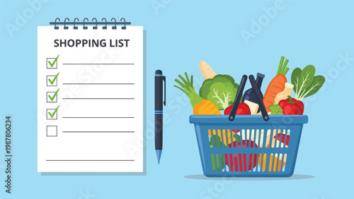 Shopping list concept showing a clipboard with checkmarks next to a basket full of healthy fresh vegetables and fruit.