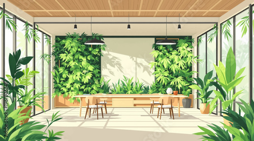 Office space filled with tropical plants for a refreshing atmosphere. Tropical plants in an office space, providing a vibrant and lively vibe. Lush tropical plants decorate the office