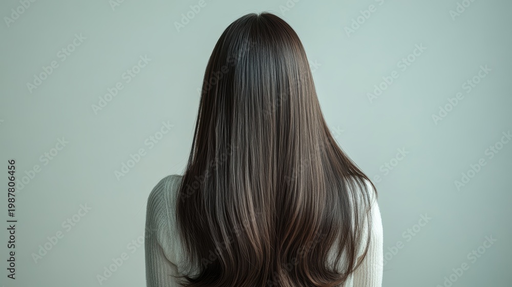 Fototapeta premium Beautiful model girl with Brown hair strand,silky healthy chestnut wavy hair strand,hair wavy ribbon, with smooth,Keratin straightening,Treatment,straight long hair,procedures,Smooth hairstyle.