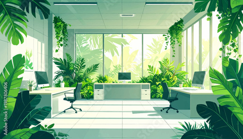 Office workspace with natural plants and modern furniture. Green interior office featuring ergonomic desks and plants. Bright and green office with lush plants and workstations