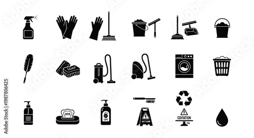 Black silhouette icons depicting various cleaning tools and household supplies