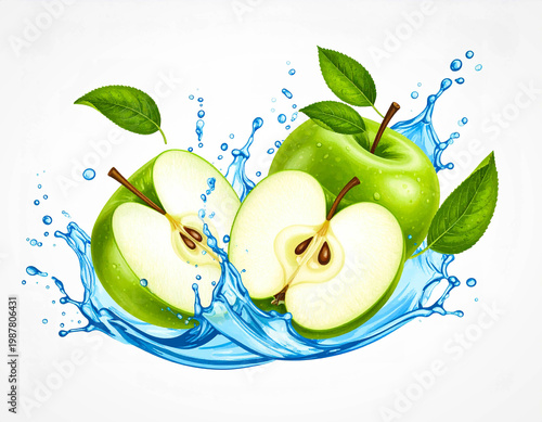 Split apple illustration in watercolor style with lively splash, clean and isolated on white.