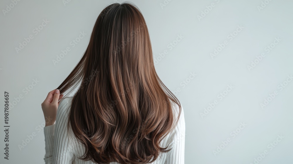 Naklejka premium Beautiful model girl with Brown hair strand,silky healthy chestnut wavy hair strand,hair wavy ribbon, with smooth,Keratin straightening,Treatment,straight long hair,procedures,Smooth hairstyle.