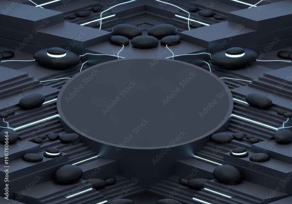 Fototapeta premium Dark podium features a circular platform surrounded by glowing stones and geometric stairs.