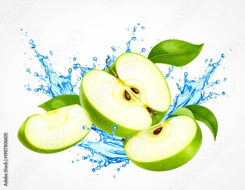 Watercolor split apple with fresh water splash, vibrant red tones, isolated on a clean white background.