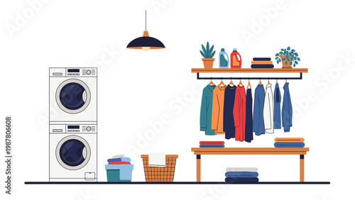 Modern laundry room interior featuring stacked washing machines, a clothing rack with hung garments, and organized laundry baskets.