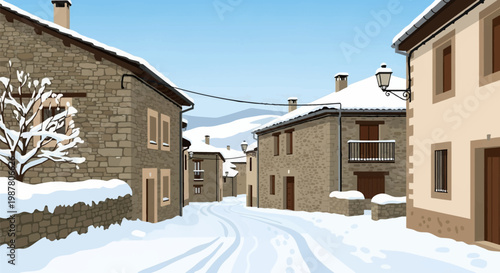 Flat vector illustration of a traditional mountain village street with stone masonry houses covered in deep winter snow, featuring tracks on the road, frosted trees and mountain peaks.