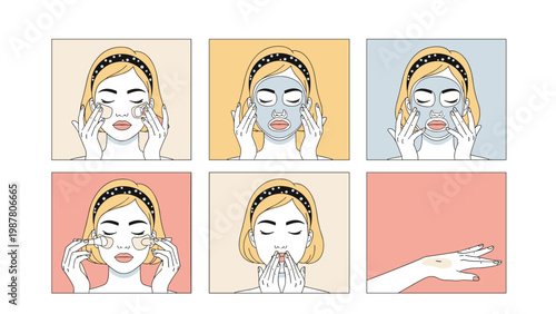 Six step illustrated guide showing a woman applying a face mask, cream, and massage as part of a beauty skincare routine.