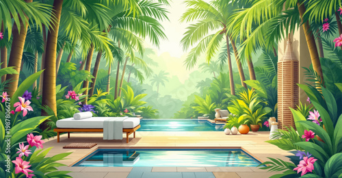 Luxury tropical spa with relaxing pool and vibrant plants. Exotic tropical spa with serene poolside surrounded by greenery. Spa resort pool area with lush tropical plants and flowers