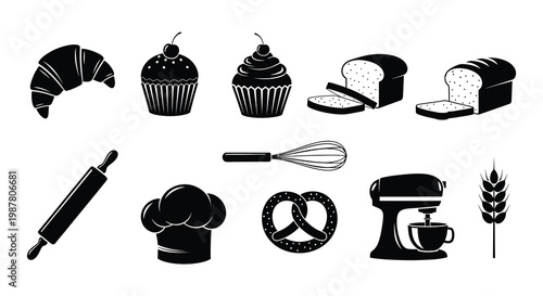 Black and white illustration of various baking ingredients and tools