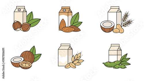 Assorted plant-based milk cartons paired with their natural ingredients such as hazelnuts, almonds, coconut, wheat, and soybeans.