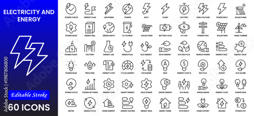 Electricity, electric power line, light, light bulb and electrical equipment.Outline icon collection. Conceptual pictogram and infographic.