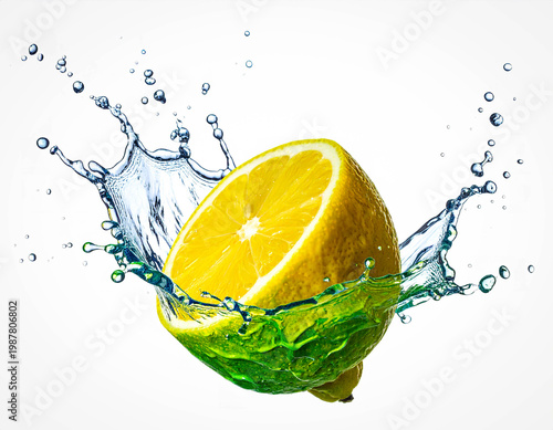 Colorful watercolor lemon with energetic splash, clean and refreshing isolated on white.