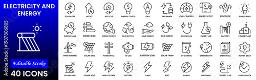 Electricity, electric power line, light, light bulb and electrical equipment.Outline icon collection. Conceptual pictogram and infographic.