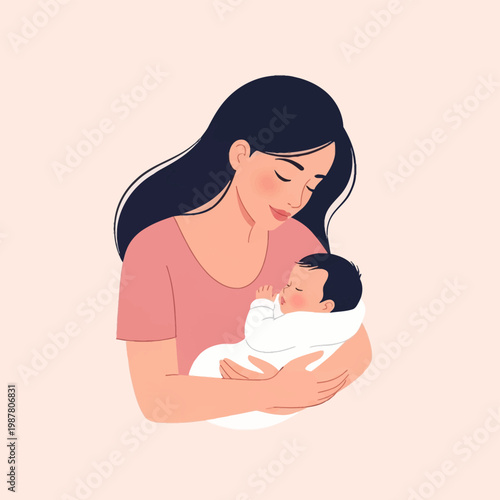 Minimalist flat illustration of a woman with long black hair holding a sleeping infant wrapped in a white swaddle blanket, wearing a pink shirt on a pale pink background.