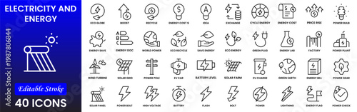 Electricity, electric power line, light, light bulb and electrical equipment.Outline icon collection. Conceptual pictogram and infographic.