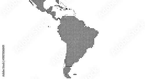 Black and white halftone dotted map of South America, Central America, and the Caribbean on a white background. Factual geometric silhouette composed of black circular points.