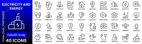 Electricity, electric power line, light, light bulb and electrical equipment.Outline icon collection. Conceptual pictogram and infographic.
