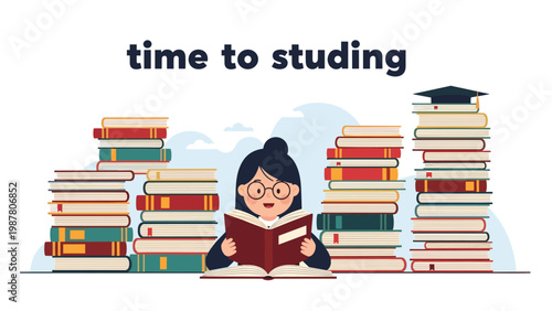 Young girl with glasses reads a book while sitting between massive stacks of colorful books as part of her time to study.