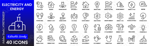 Electricity, electric power line, light, light bulb and electrical equipment.Outline icon collection. Conceptual pictogram and infographic.