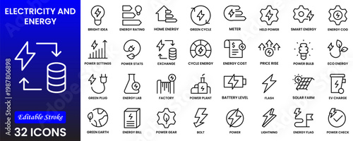 Electricity, electric power line, light, light bulb and electrical equipment.Outline icon collection. Conceptual pictogram and infographic.