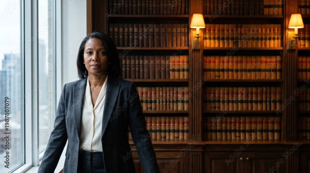 Fototapeta premium Confident African American businesswoman standing in a classic library with bookshelves and a large window.