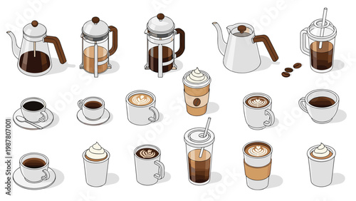 Various coffee brewing equipment and cups shown in isometric flat style including French press and take away cups.