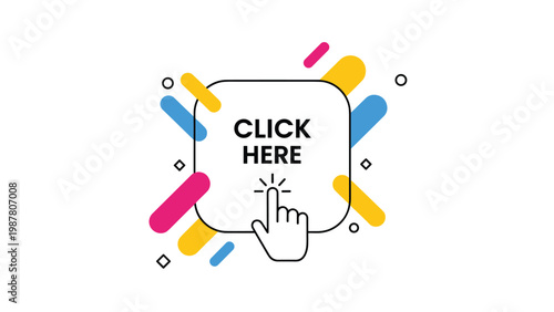 Colorful click here button with a hand cursor icon used for call to action elements in web design and advertising.