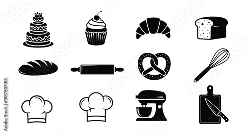 Black and white illustration of various baking ingredients and tools