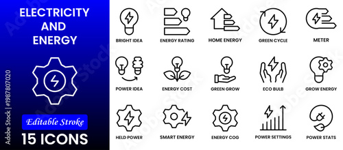 Electricity, electric power line, light, light bulb and electrical equipment.Outline icon collection. Conceptual pictogram and infographic.