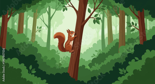 Illustration of a red squirrel with a bushy tail climbing up a brown tree trunk in a lush green forest filled with layered leaves and trees, flat vector graphic style nature scene.