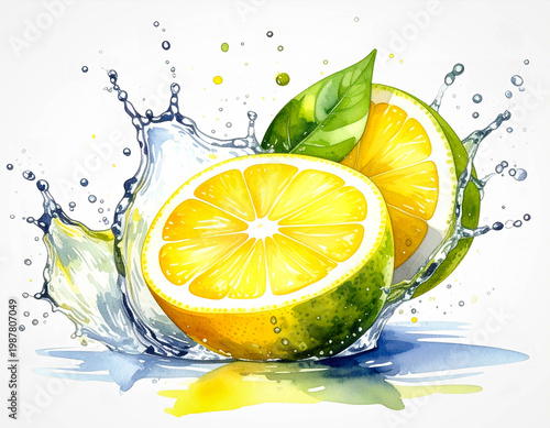 Fresh lemon watercolor with water splashes, vibrant citrus look on a simple white background.