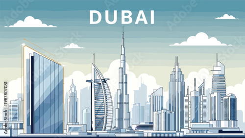 Detailed illustration of the Dubai skyline featuring the iconic Burj Khalifa and other skyscrapers in blue tones.