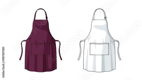 Two kitchen aprons with front pockets shown in dark maroon and white colors on a plain white background for mockup.