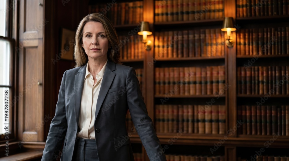 Fototapeta premium Confident Female Lawyer Posing in a Traditional Law Library.