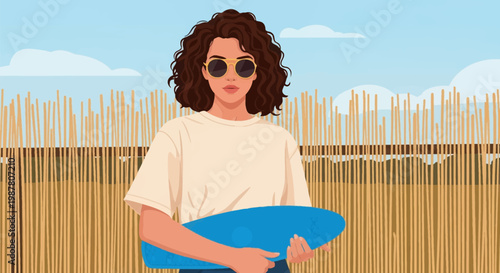 Vector illustration of a young woman with voluminous curly hair wearing yellow sunglasses and a white t-shirt, holding a blue skateboard in front of a reed fence and blue sky.
