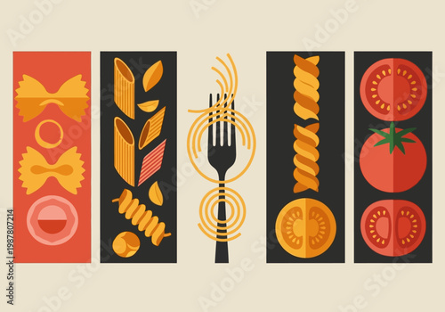 Minimalist Italian Pasta and Tomato Illustration - Retro Flat Design Art with Spaghetti, Penne, Farfalle, and Fusilli for Kitchen Decor and Restaurant Menus