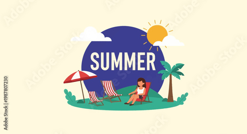 Flat vector illustration of a summer landscape with the word SUMMER, featuring a woman in a deck chair, striped beach chairs, red umbrella, palm tree, yellow sun, and white clouds.