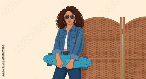 Flat vector illustration of a trendy young woman with long curly hair, sunglasses, and hoop earrings, wearing a denim jacket and holding a blue cruiser skateboard indoors.